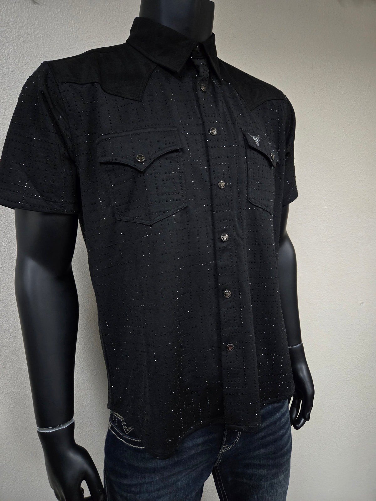 Mens "Vaquero Casual" Rhinestone Short Sleeve Shirt - Black