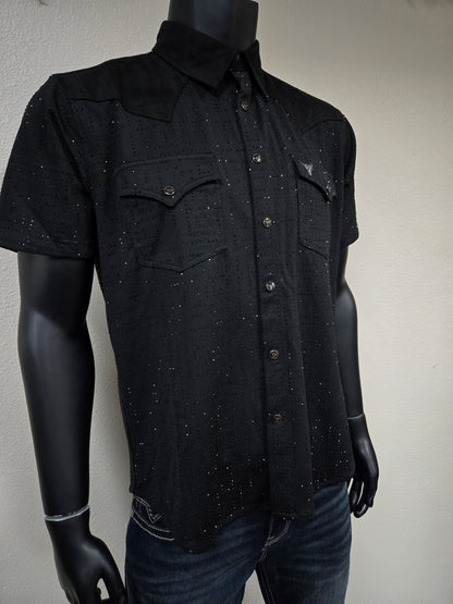 Mens "Vaquero Casual" Rhinestone Short Sleeve Shirt - Black