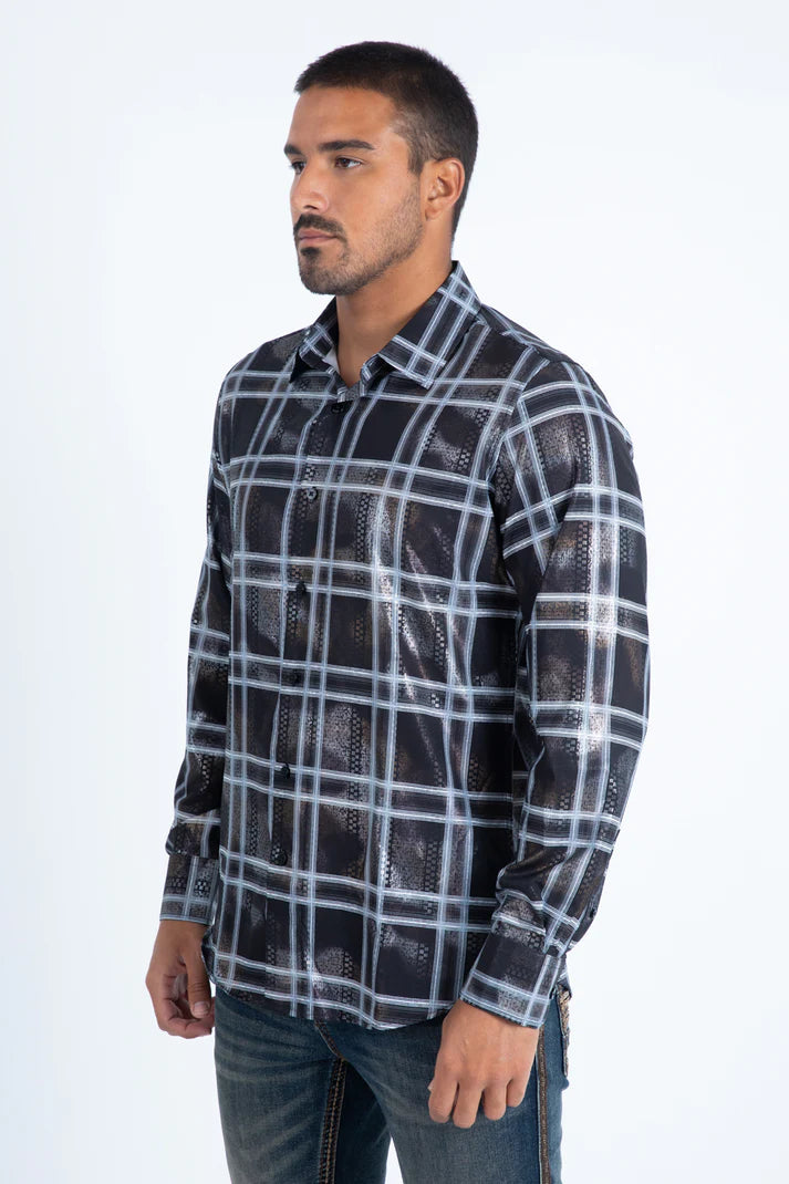 Platini Mens Modern Fit Stretch Foil Fashion Shirt - Black
