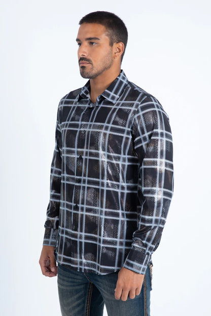 Platini Mens Modern Fit Stretch Foil Fashion Shirt - Black